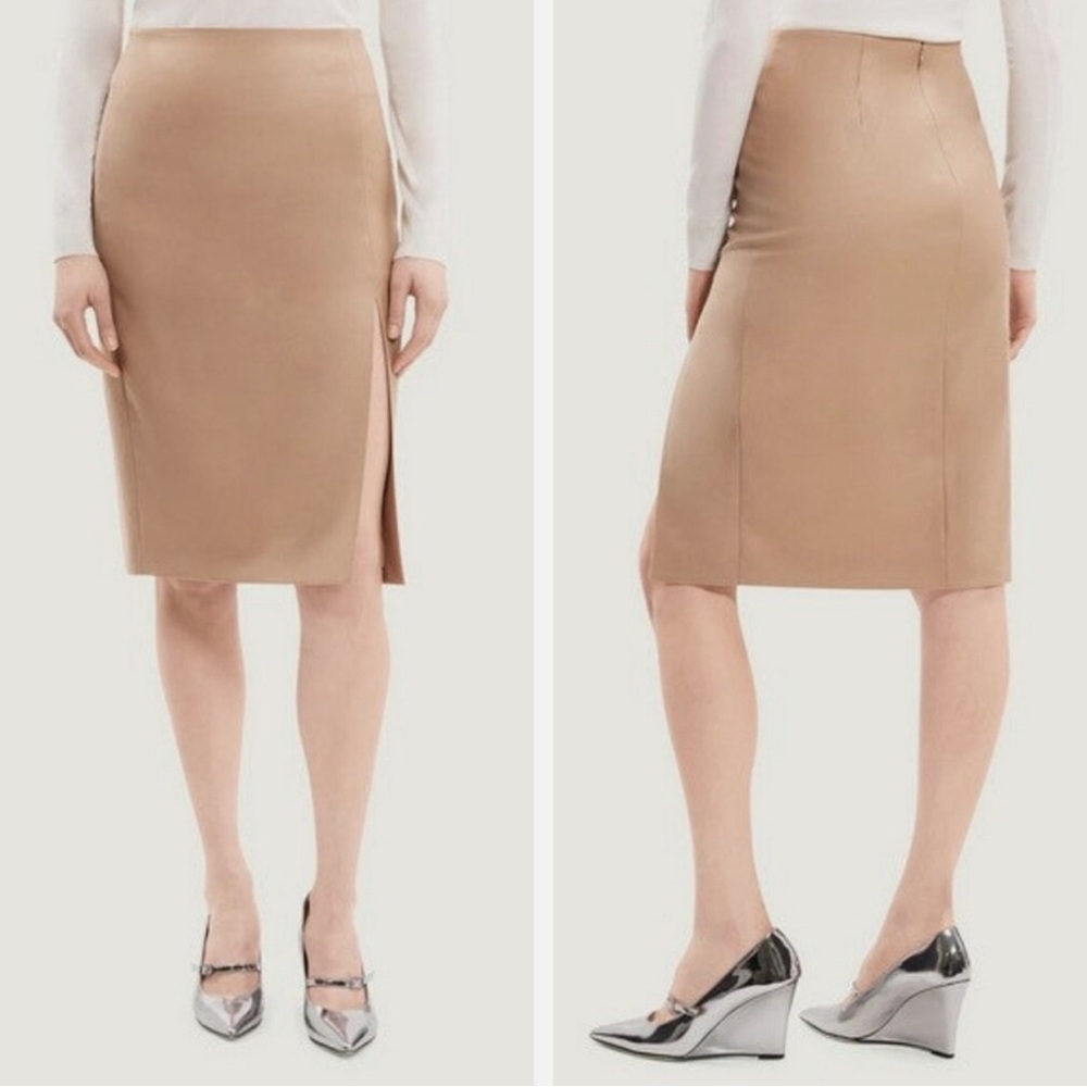 THEORY HIGH WAISTED SIDE SLIT WOOL SKIRT IN PALOMINO TAN WOOL